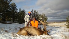 A November elk hunting trip turns out to be a big success for this hunter.  Chad Justus guided Jason W. to this trophy bull elk on the third day of his hunt.